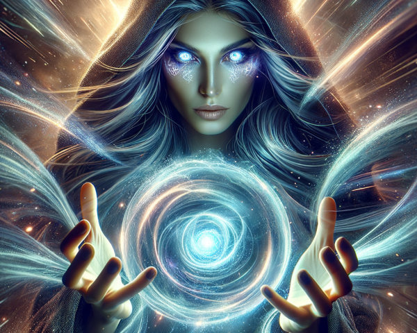 Mystical Figure in Cloak Surrounded by Cosmic Energies