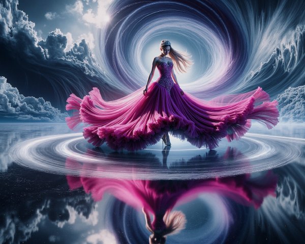 Dancer in Pink Gown Against Surreal Backdrop