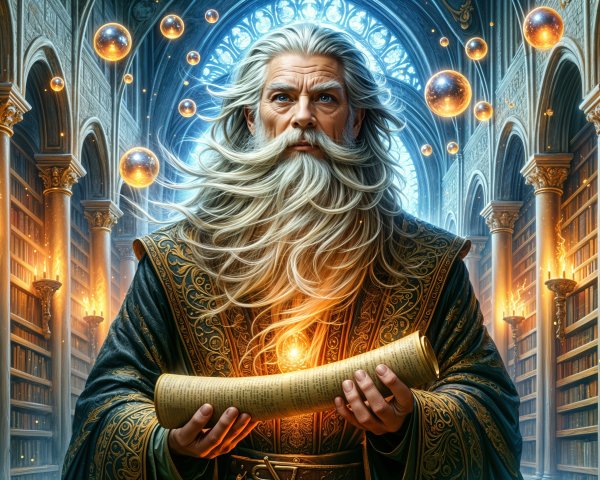 Grand library with a wise figure and glowing scroll