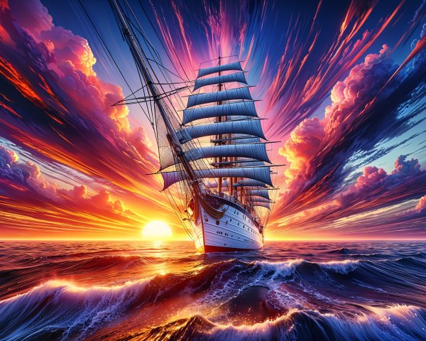 Tall Ship Sailing into Vibrant Sunset Over Ocean