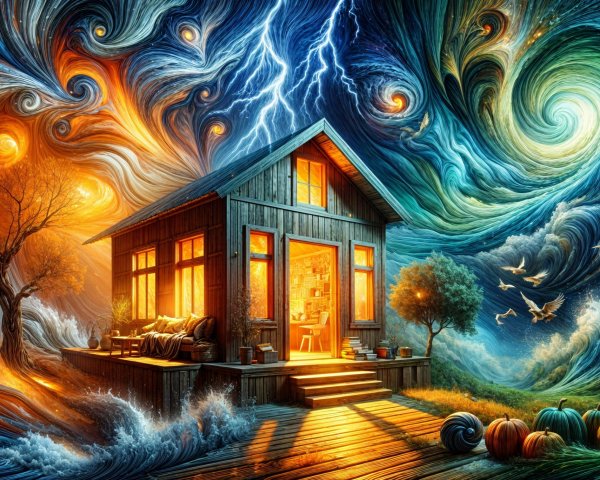 Rustic Wooden House Amidst Vibrant Cosmic Vortex