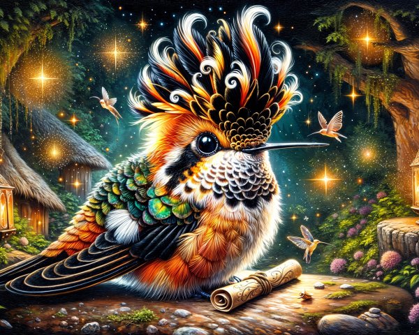 Colorful Bird in Whimsical Forest with Fairies