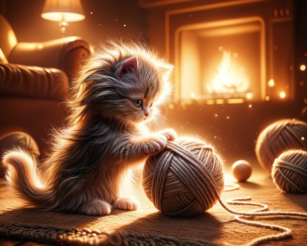 Fluffy Kitten Playing with Yarn in Cozy Room