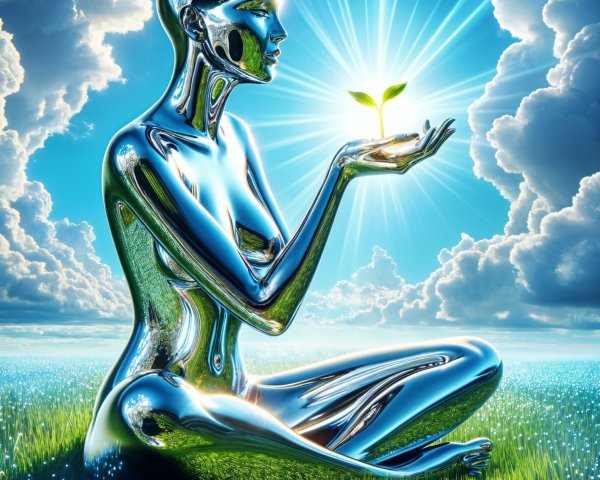 Silver Humanoid Figure in Green Field with Plant