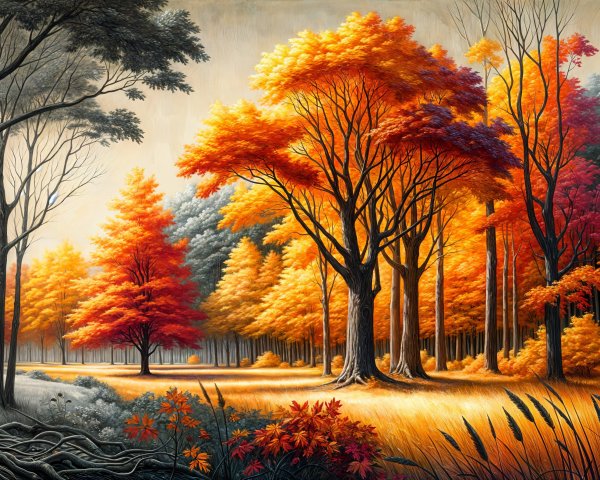 Vibrant Autumn Forest with Colorful Foliage and Flowers