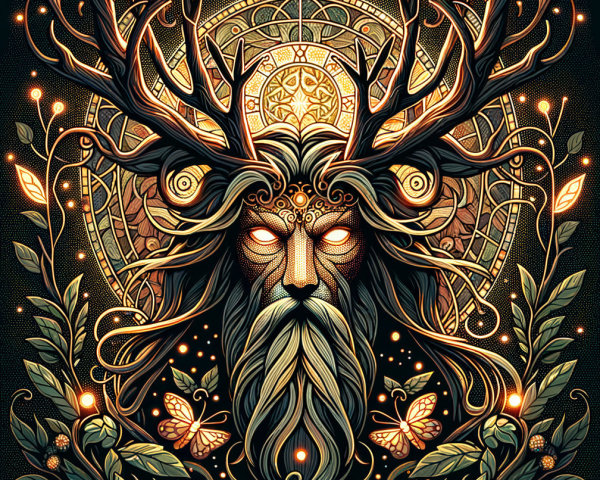 Mystical Antlered Figure with Nature Elements and Patterns