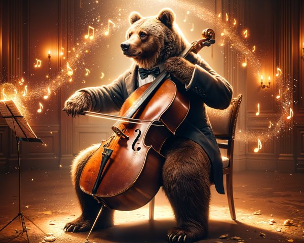 Bear in Tuxedo Playing Cello in Elegant Room