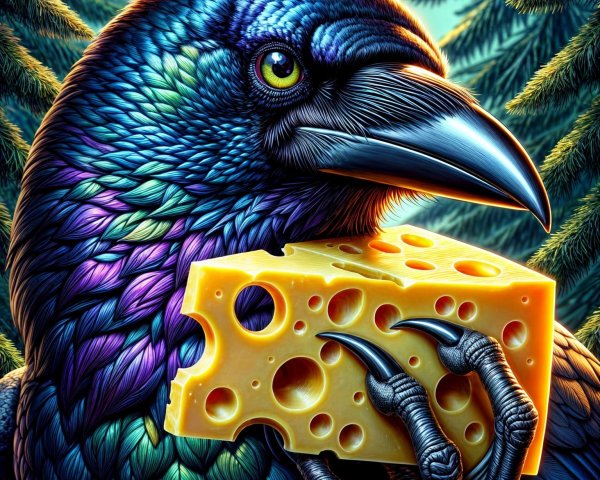 Iridescent raven with cheese in vibrant green trees