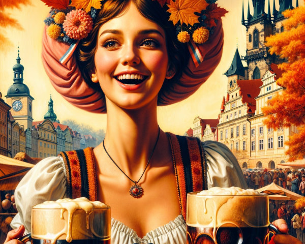 Cheerful Woman in Bavarian Outfit with Beer Mugs