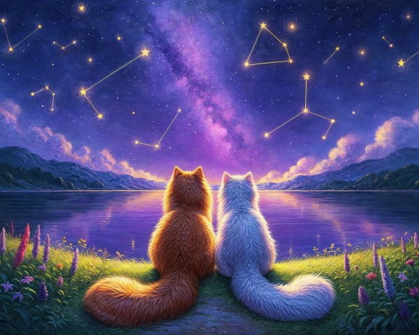 Twilight Scene with Cats and Starry Sky Reflection