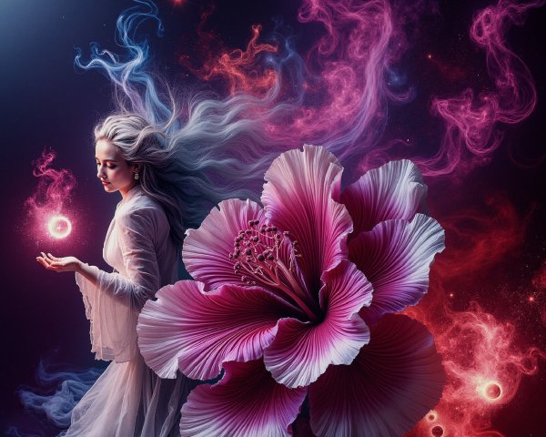 Mystical figure with silver hair in vibrant setting