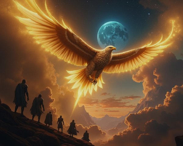 Golden eagle soaring under a dramatic moonlit sky