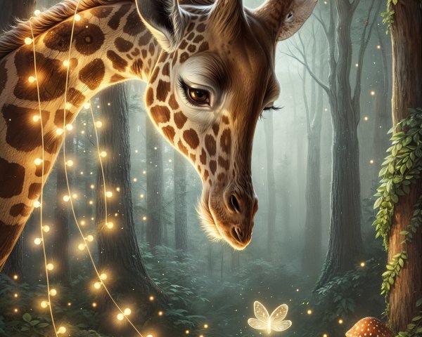 Enchanted Forest Scene with Giraffe and Fairy