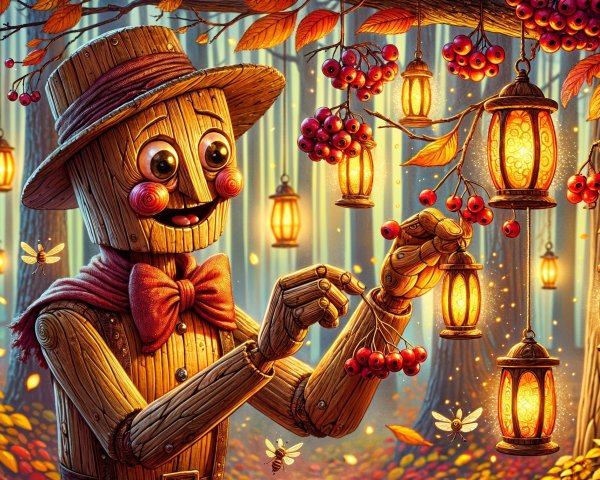 Wooden Scarecrow Decorates Lanterns in Enchanted Forest