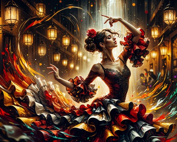 Dancer in Ruffled Dress Amidst Festive Street Scene