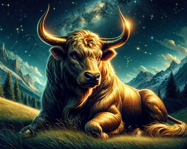 Golden bull in a star-lit meadow with mountains