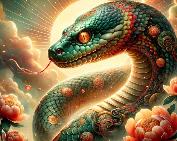 Majestic serpent in a dreamlike landscape with peonies