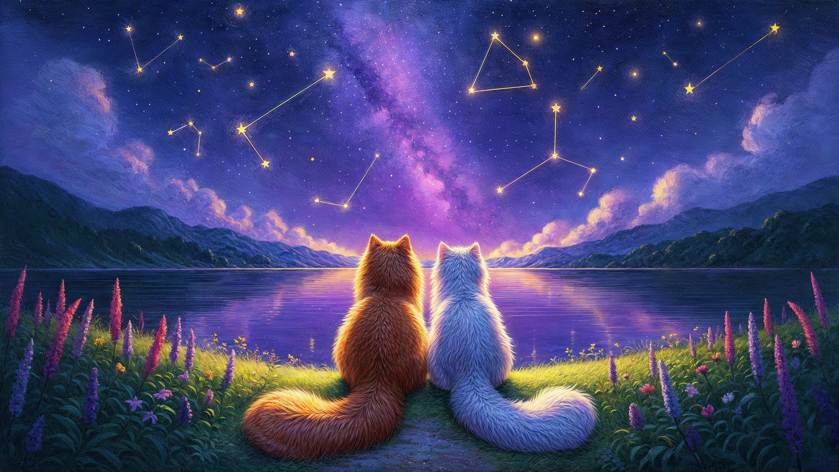 Twilight Scene with Cats and Starry Sky Reflection