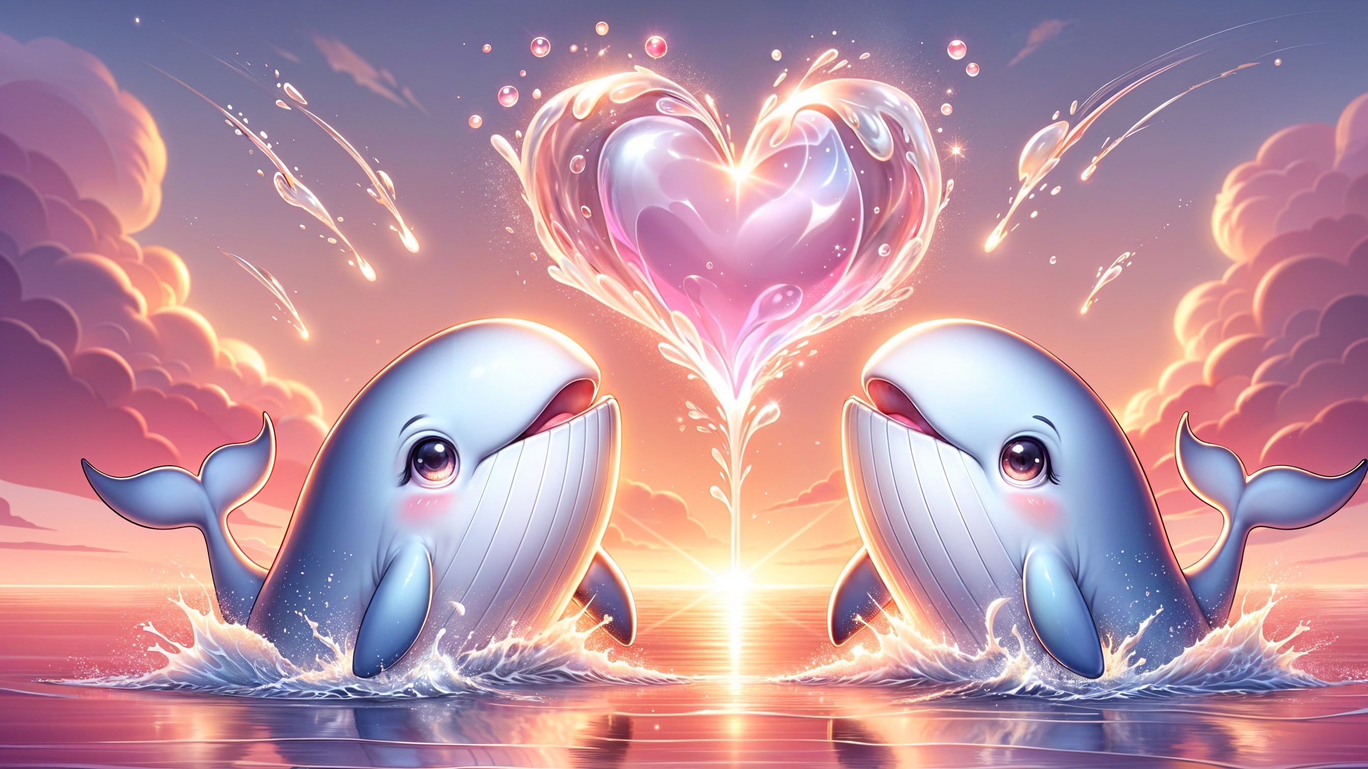 Whales Leaping at Sunset with Heart-Shaped Water Spray
