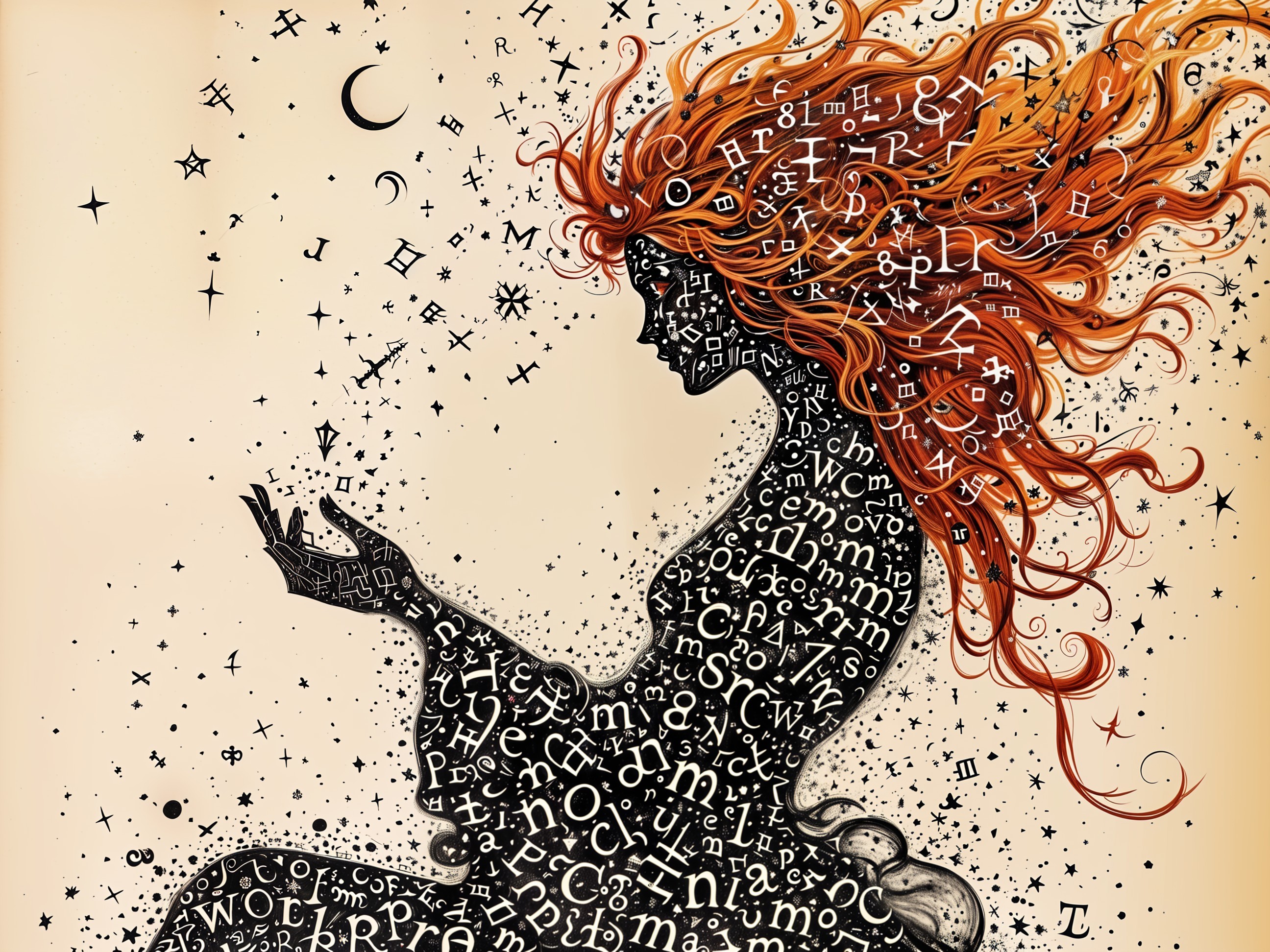 Silhouette of a Woman with Red Hair and Stars