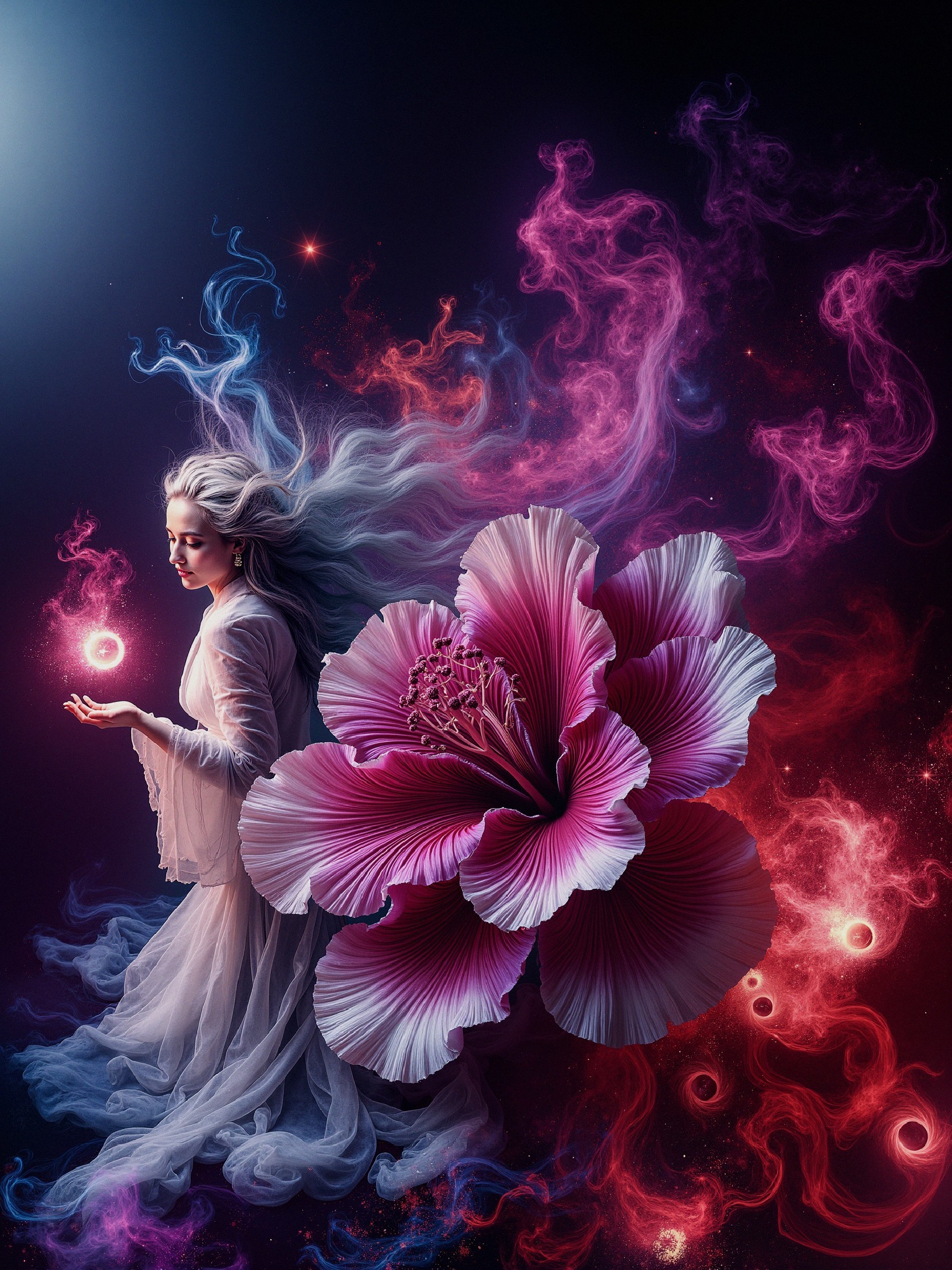 Mystical figure with silver hair in vibrant setting