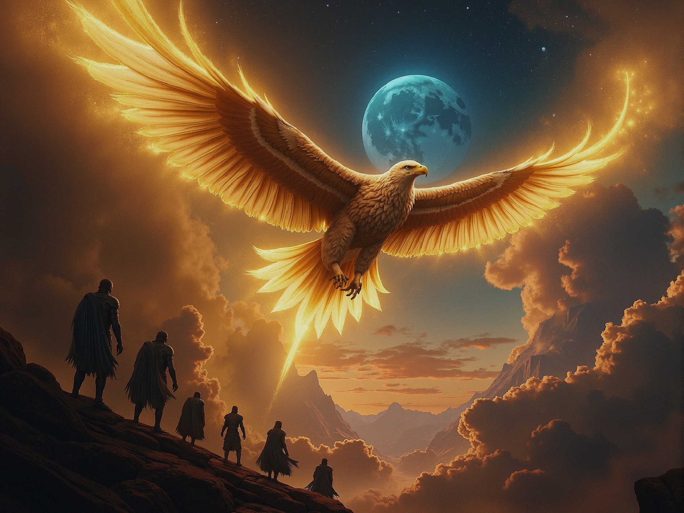 Golden eagle soaring under a dramatic moonlit sky