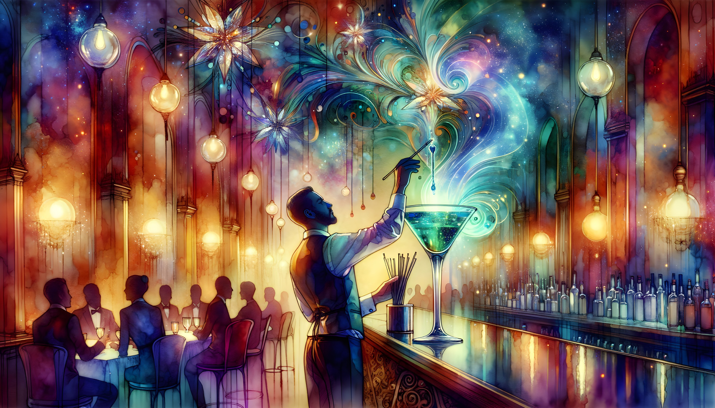 Colorful Illustration of Magical Bar with Cosmic Bartender and Enchanted Patrons