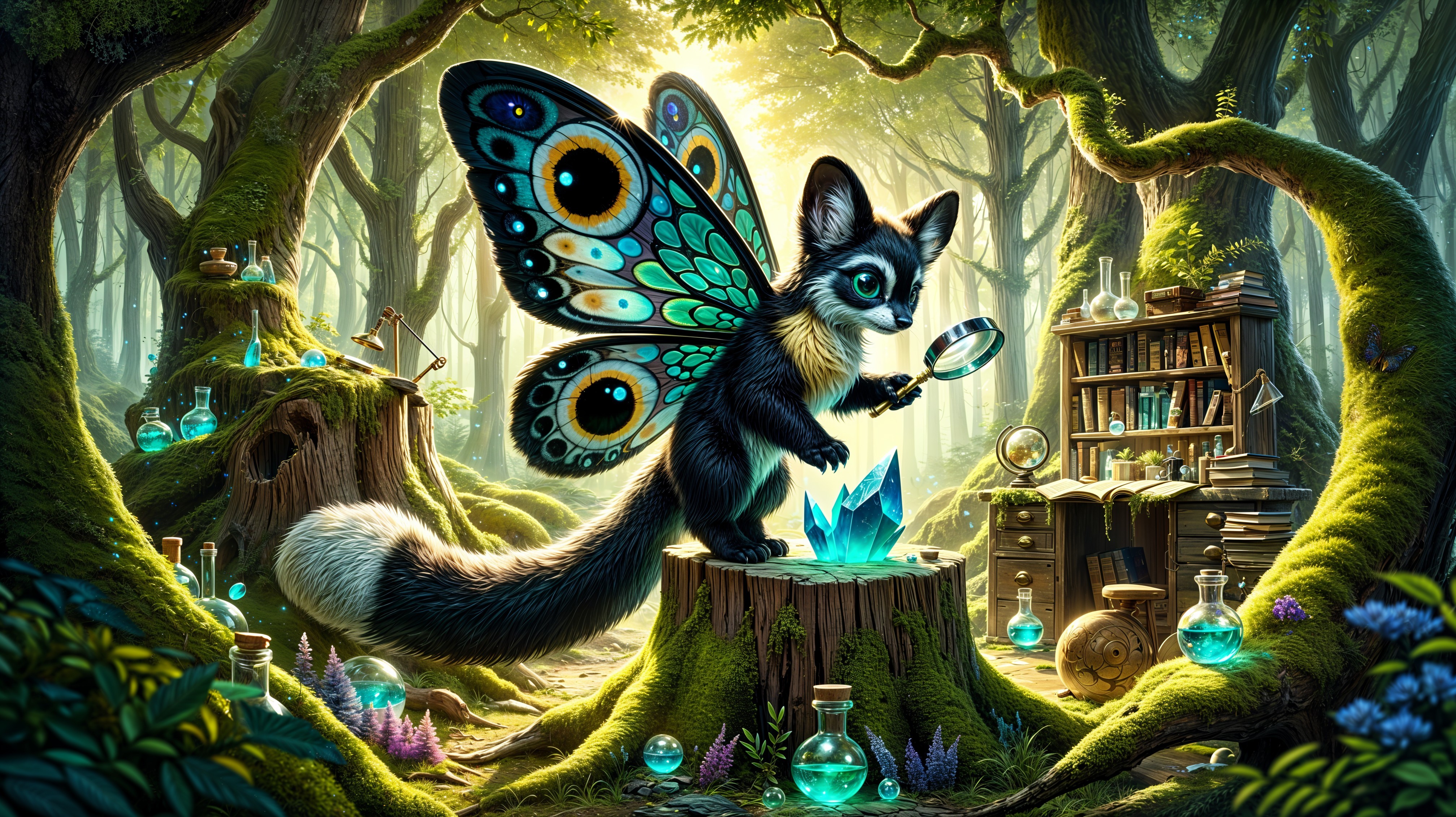 Whimsical Creature Examining Crystal in Enchanted Forest