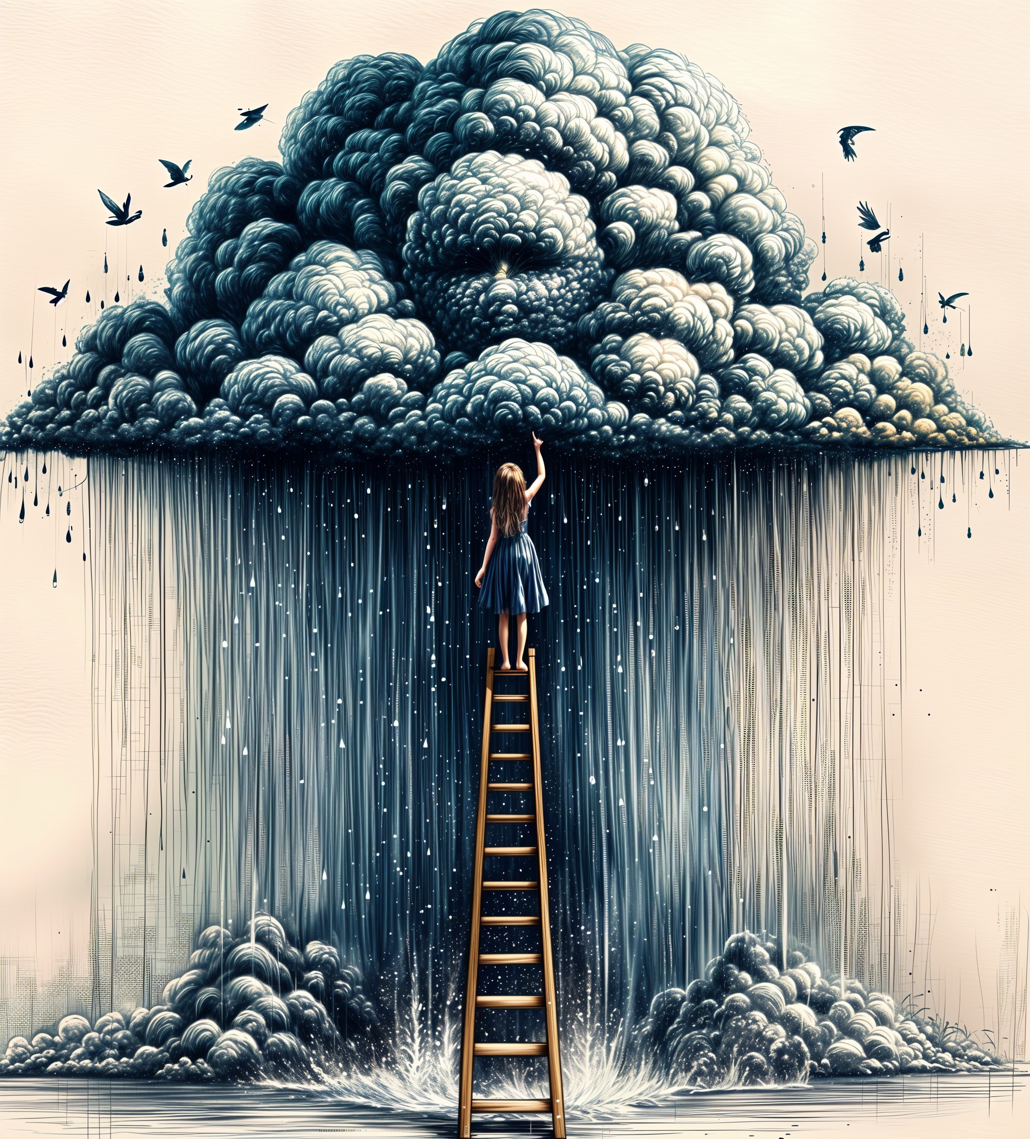 Young Girl on Ladder Reaching for Ominous Cloud