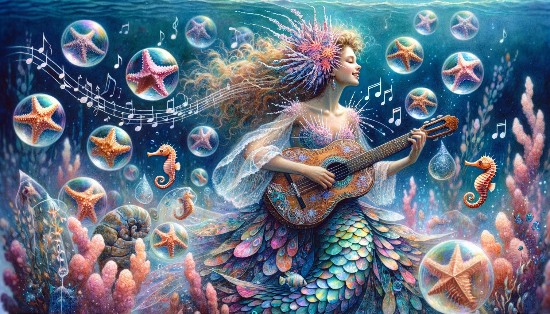 Serene Mermaid Playing Guitar in Vibrant Underwater Scene
