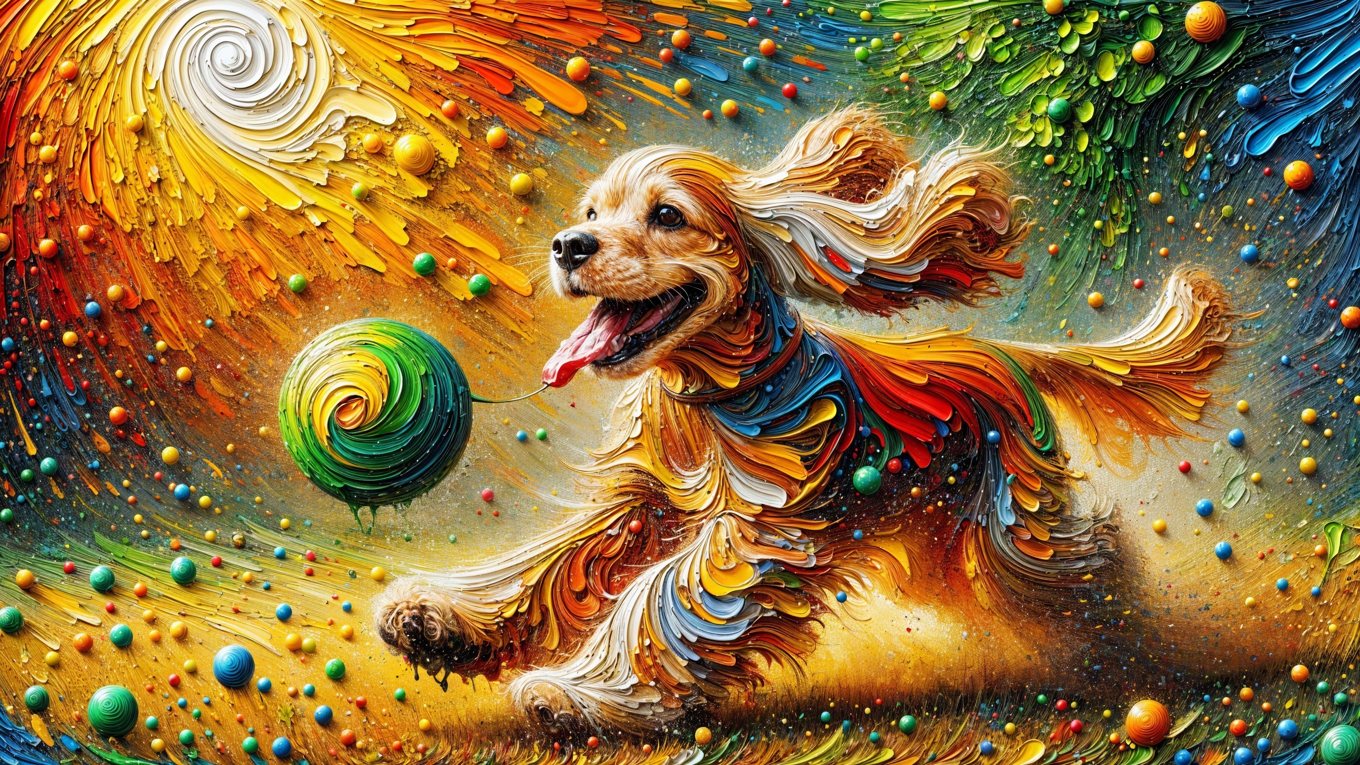 Joyful Dog Running in a Colorful Whimsical Landscape