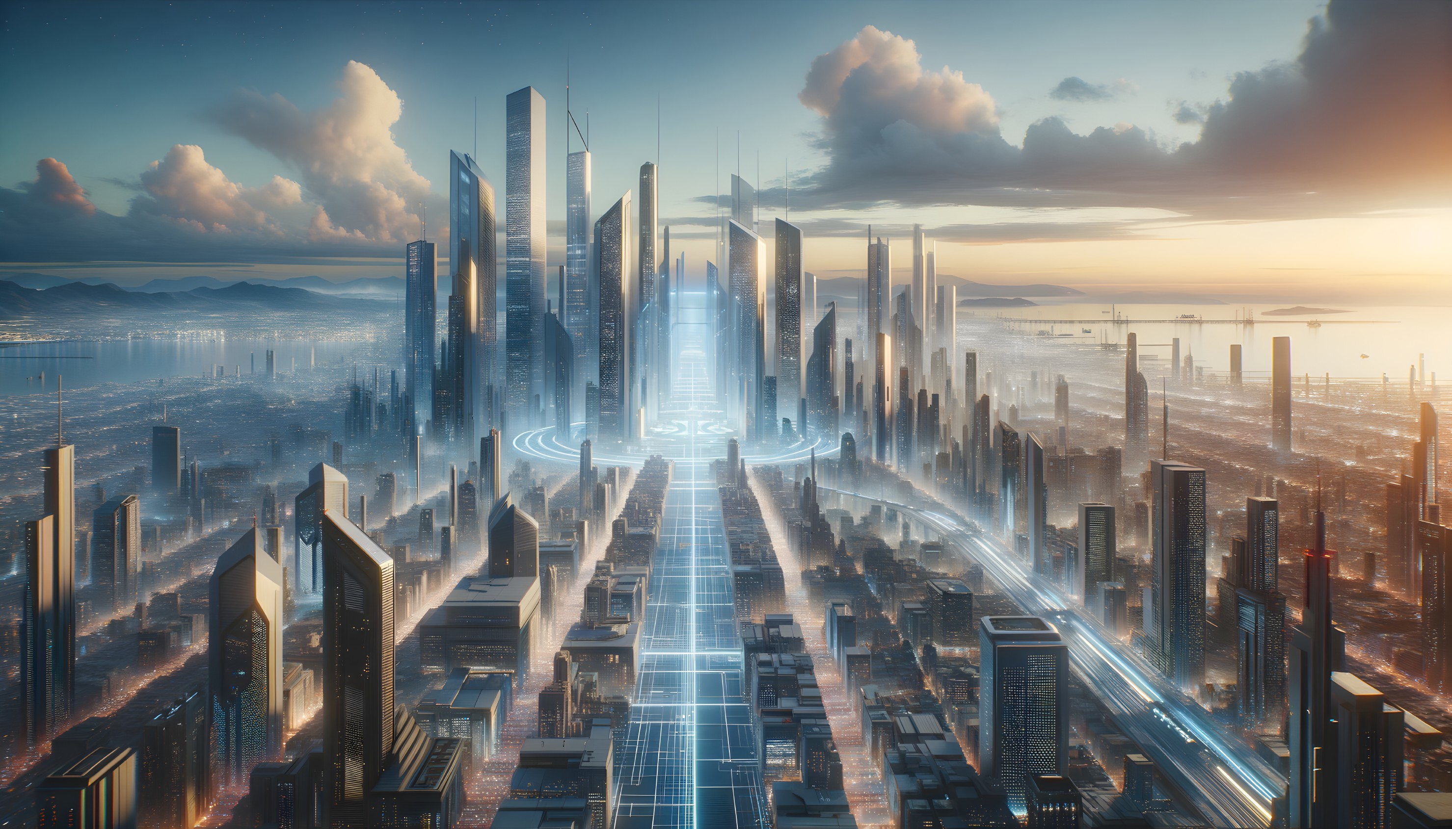 Futuristic cityscape at sunset with skyscrapers and illuminated roads