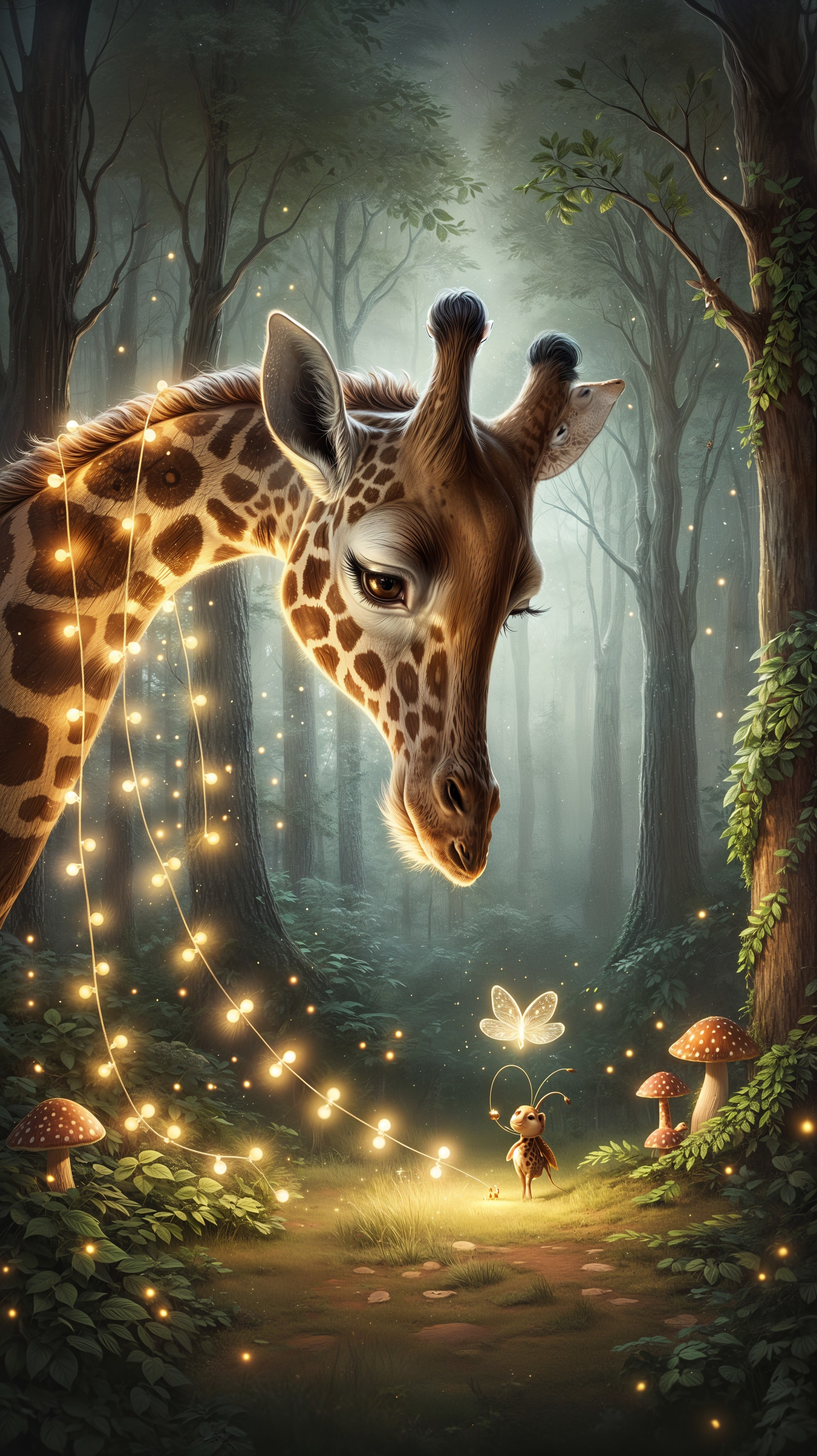 Enchanted Forest Scene with Giraffe and Fairy