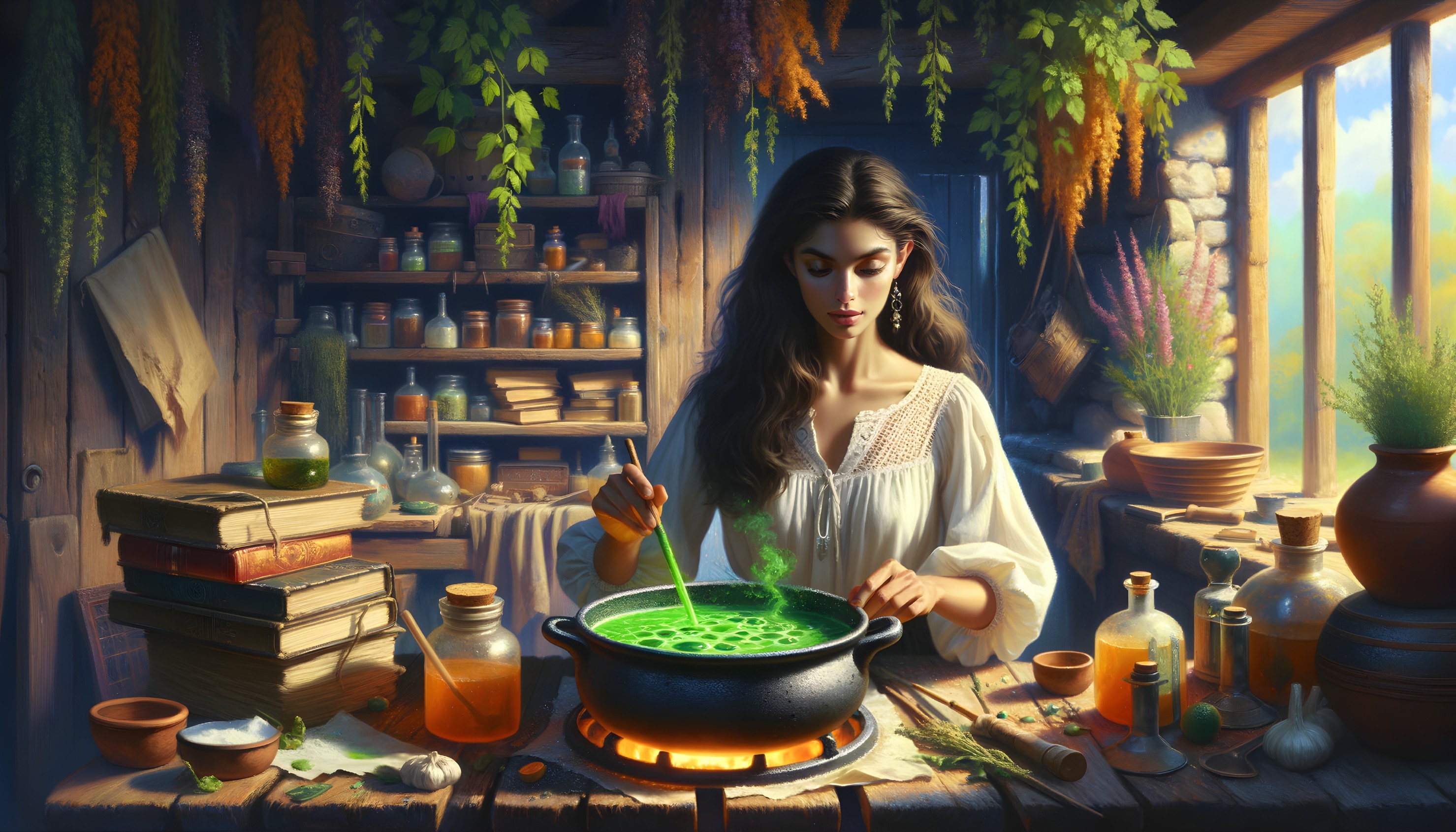 Woman stirring green potion in rustic kitchen setting