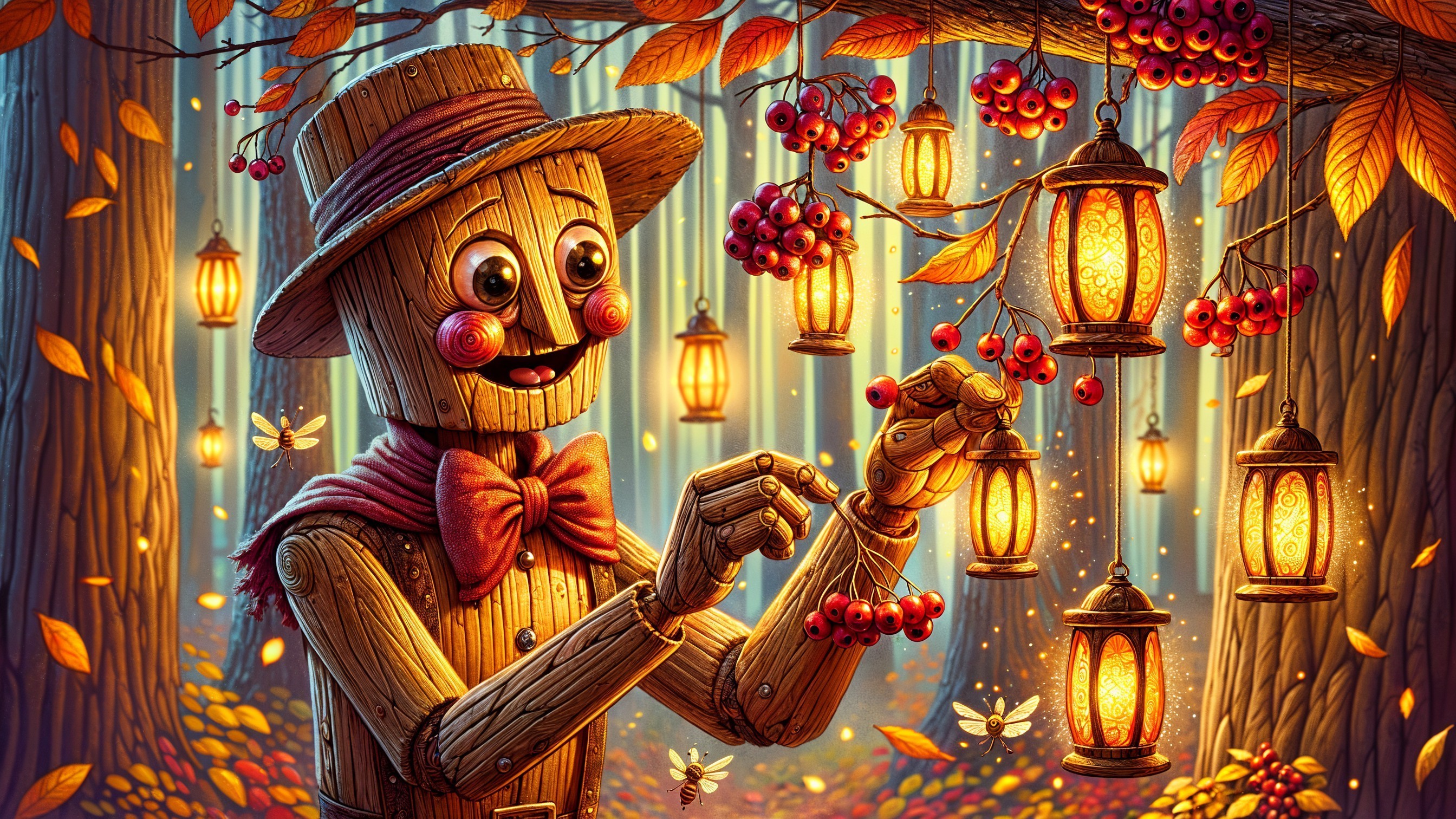 Wooden Scarecrow Decorates Lanterns in Enchanted Forest