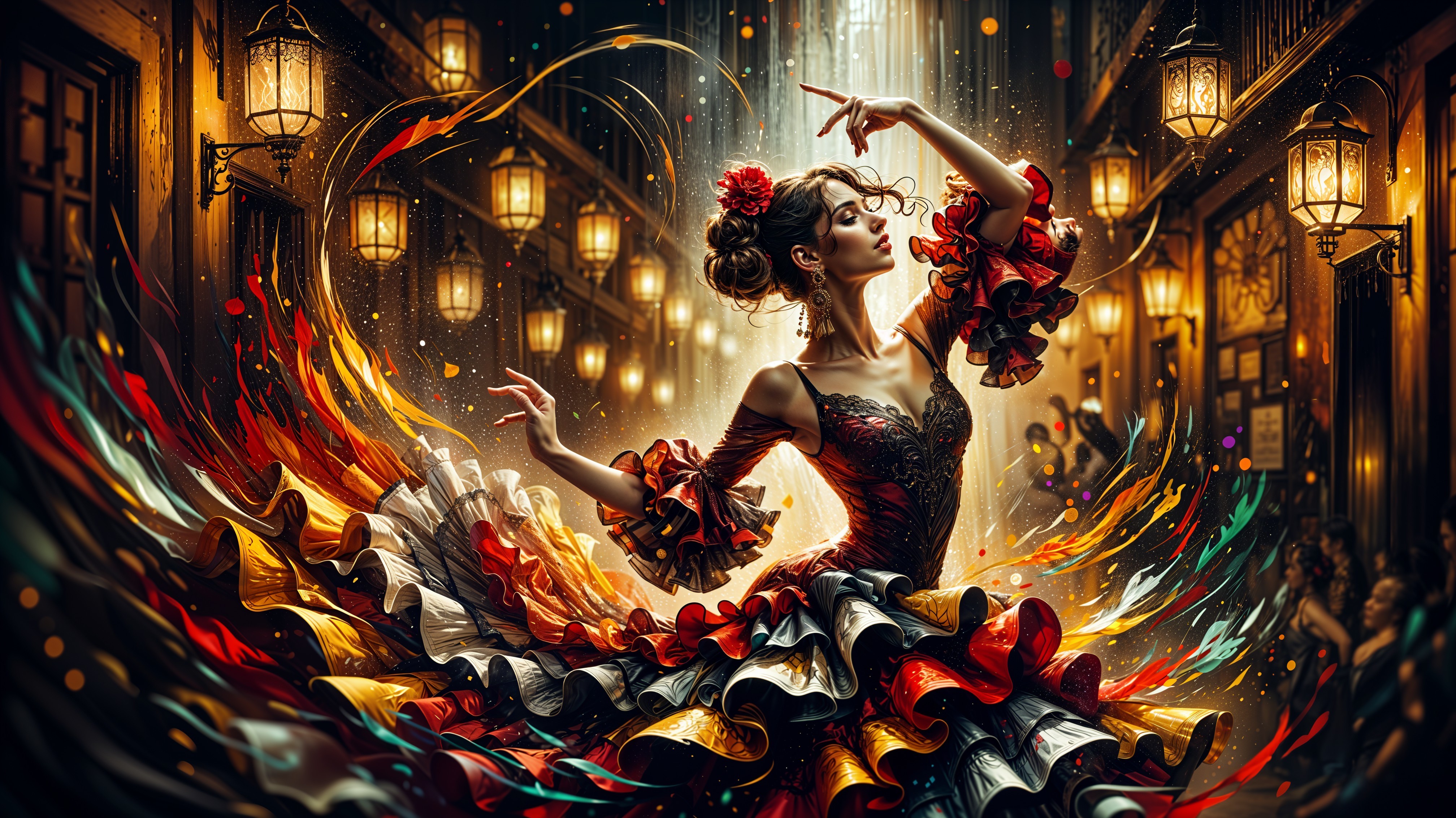 Dancer in Ruffled Dress Amidst Festive Street Scene