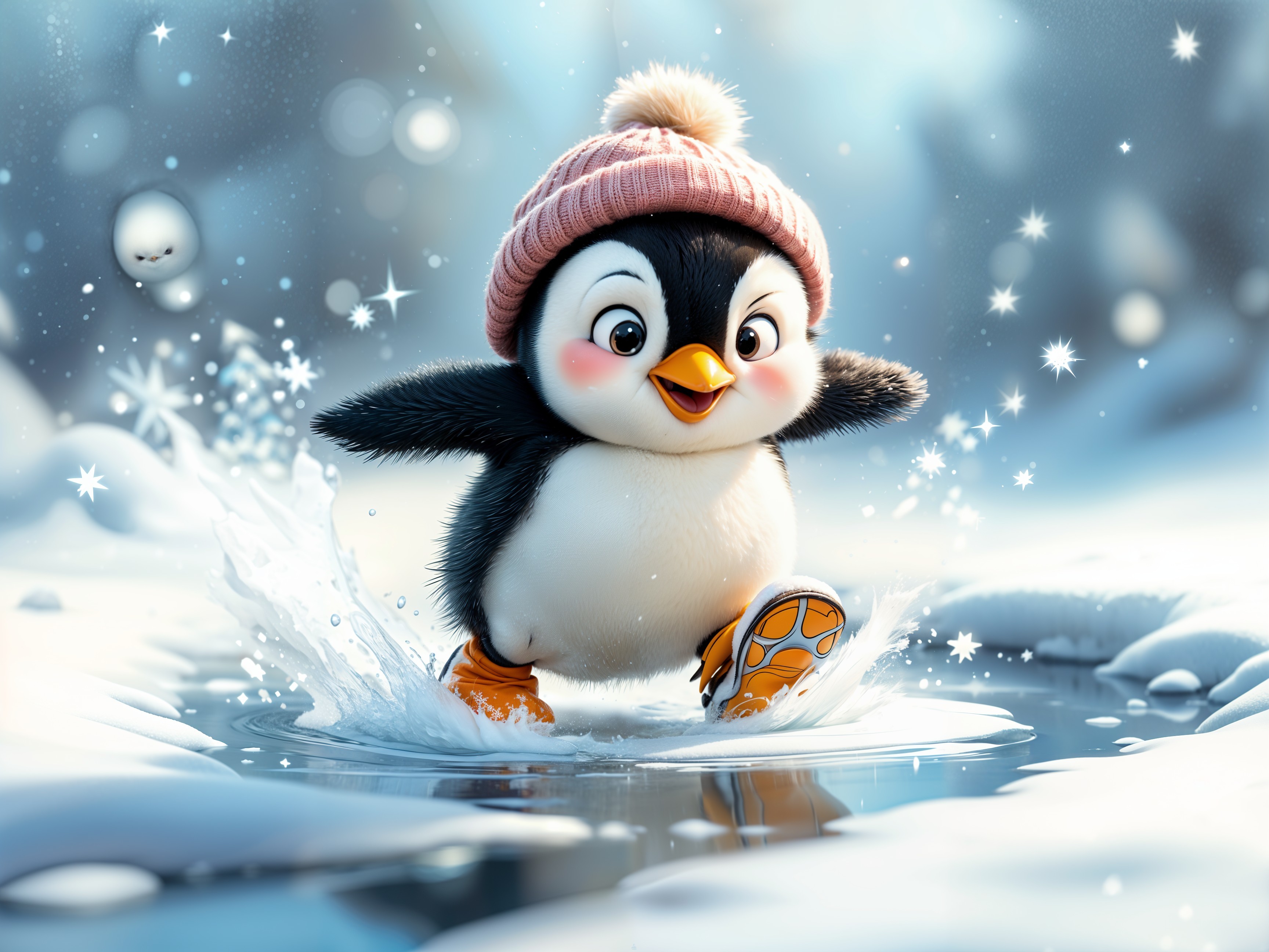 Cute Penguin Splashing in Icy Puddle with Hat