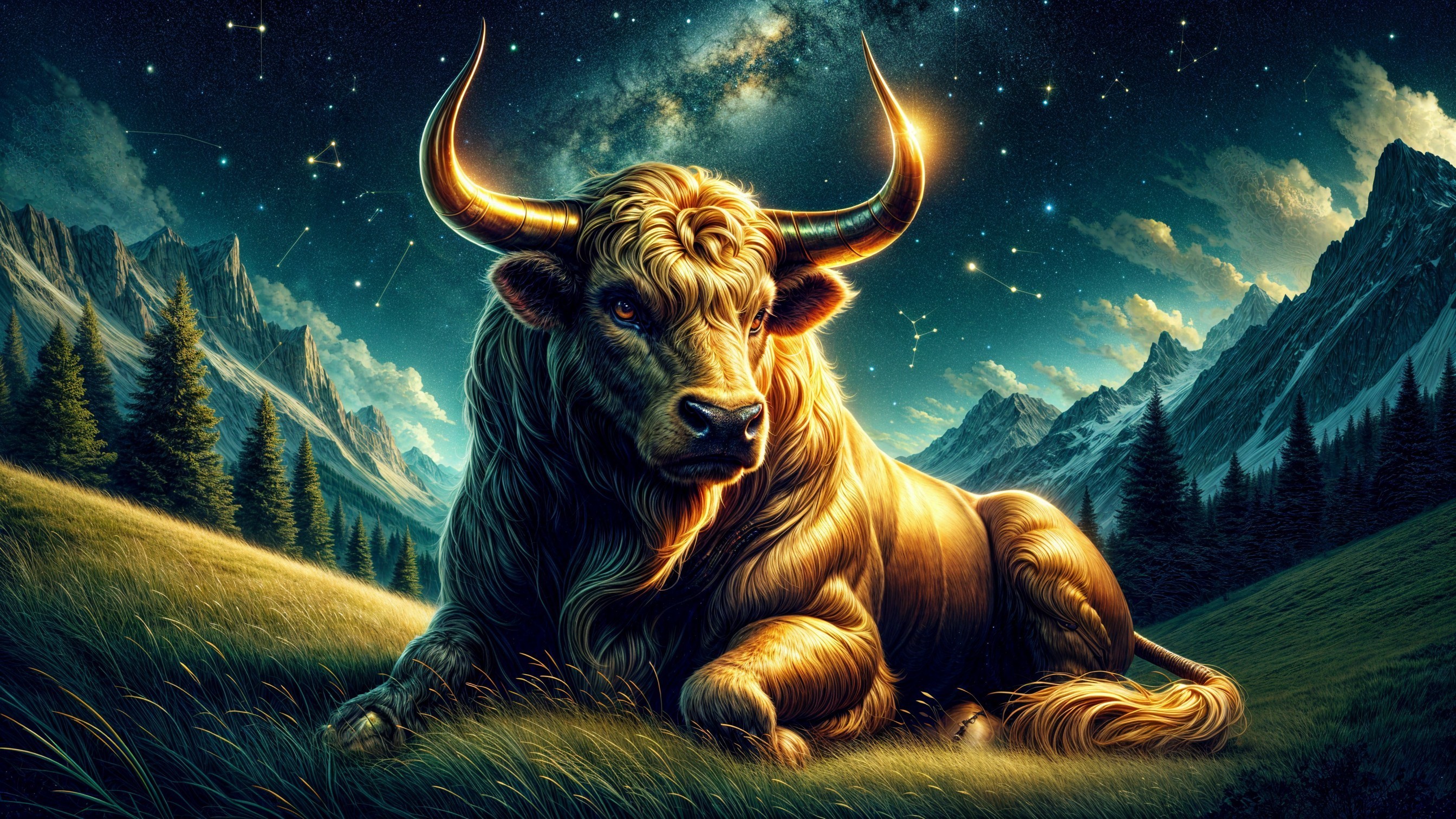 Golden bull in a star-lit meadow with mountains