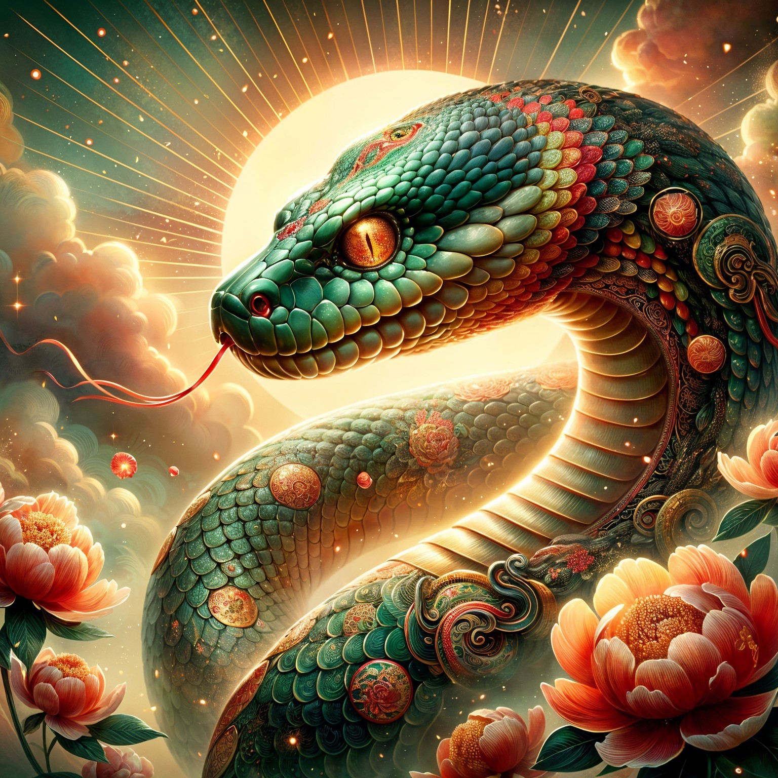 Majestic serpent in a dreamlike landscape with peonies