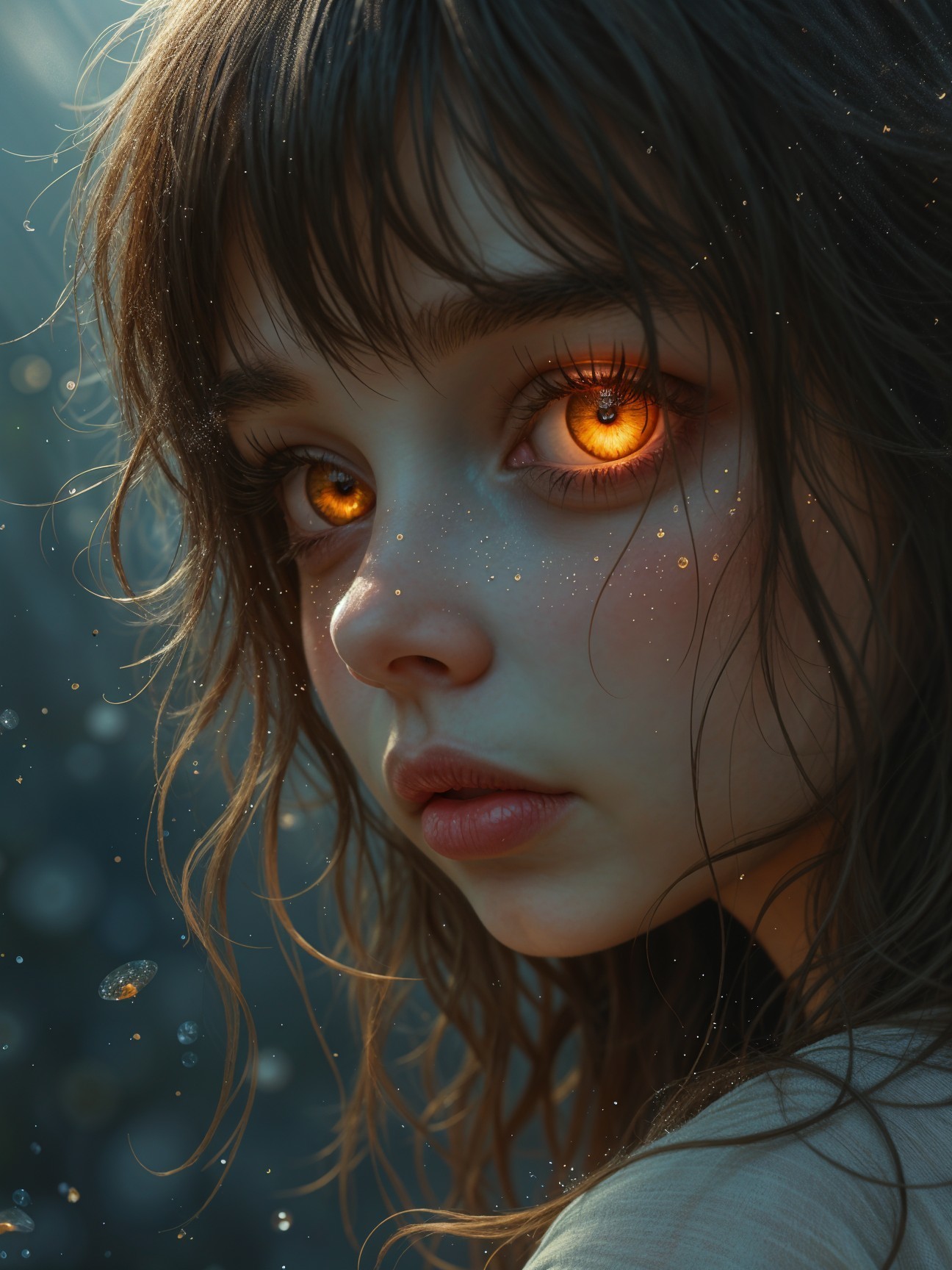 Young girl with wavy hair and glowing amber eyes