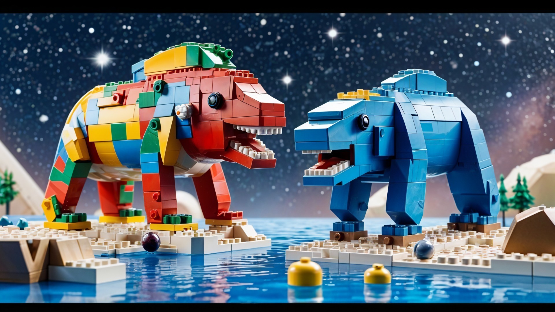 Colorful LEGO Bear Creatures by Serene Water Scene