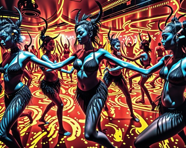 Vibrant Dance Scene with Body Paint and Horns