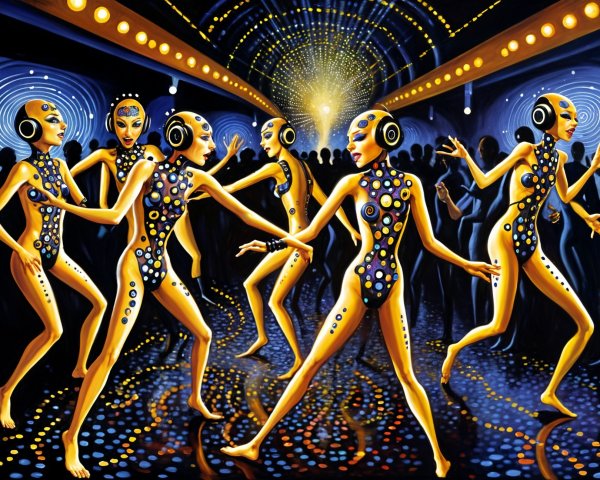 Vibrant Dance Scene with Stylized Figures and Lights