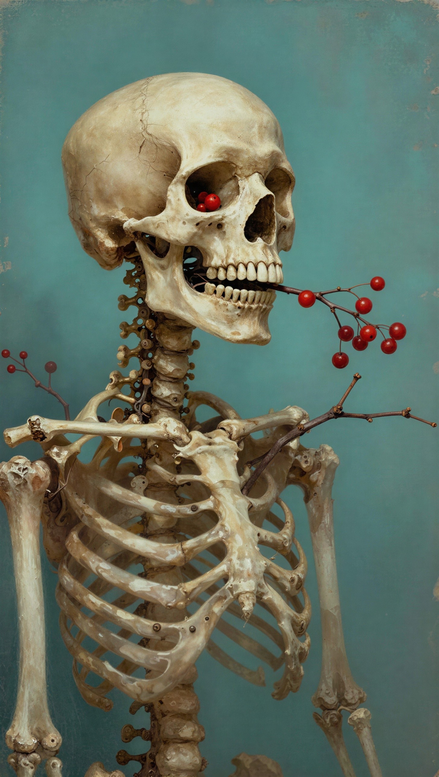 Antique Skeleton with Red Berries on Teal Background