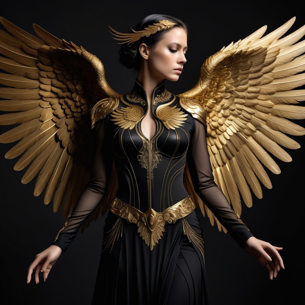 Woman in Black Gown with Golden Wings and Laurel Wreath