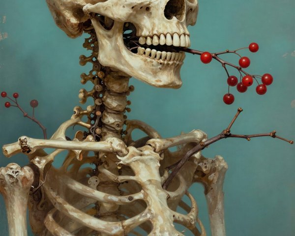 Antique Skeleton with Red Berries on Teal Background
