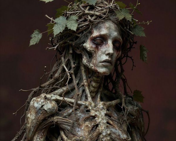 Portrait of a skeletal female figure from branches and roots