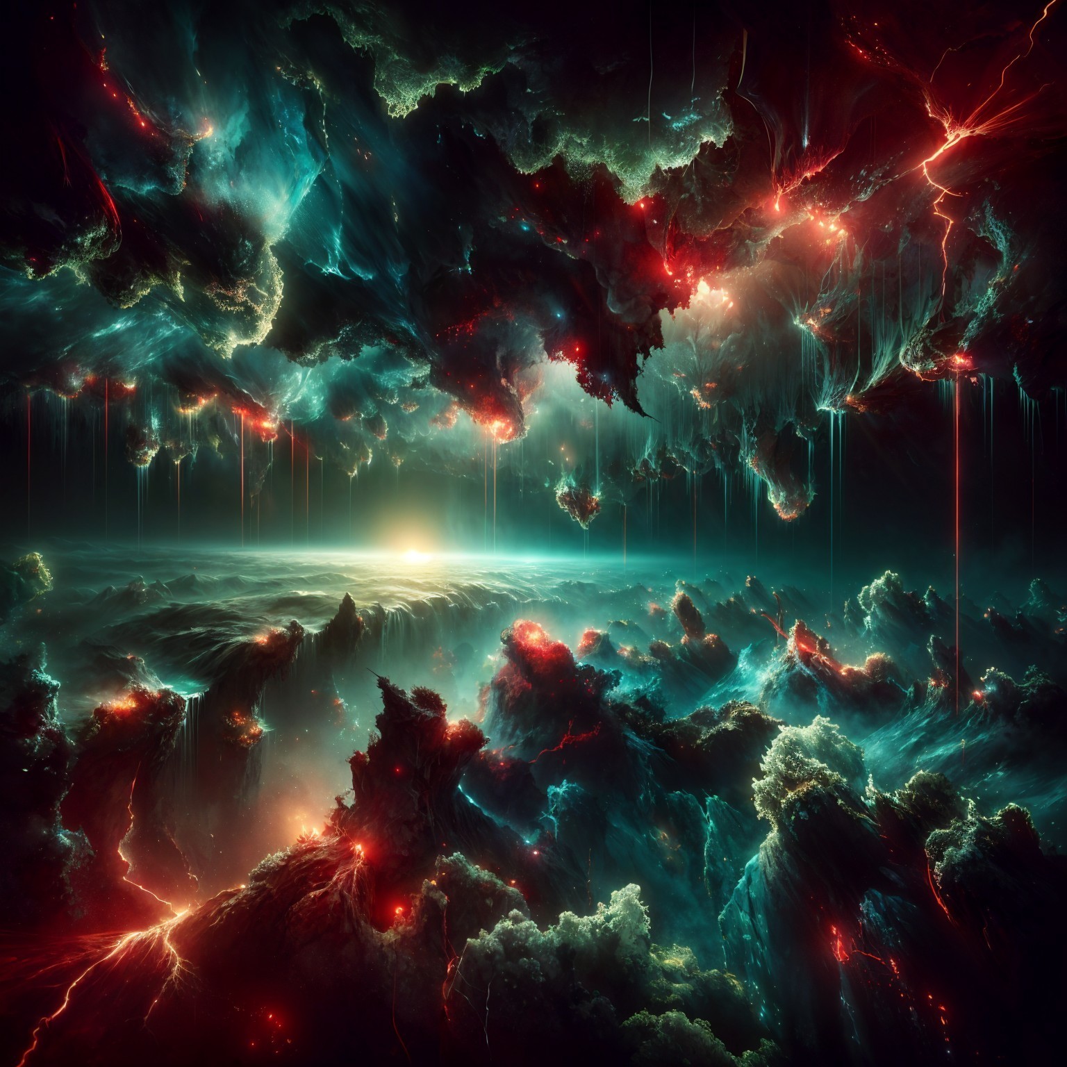 Vibrant Cosmic Landscape with Ethereal Light and Peaks
