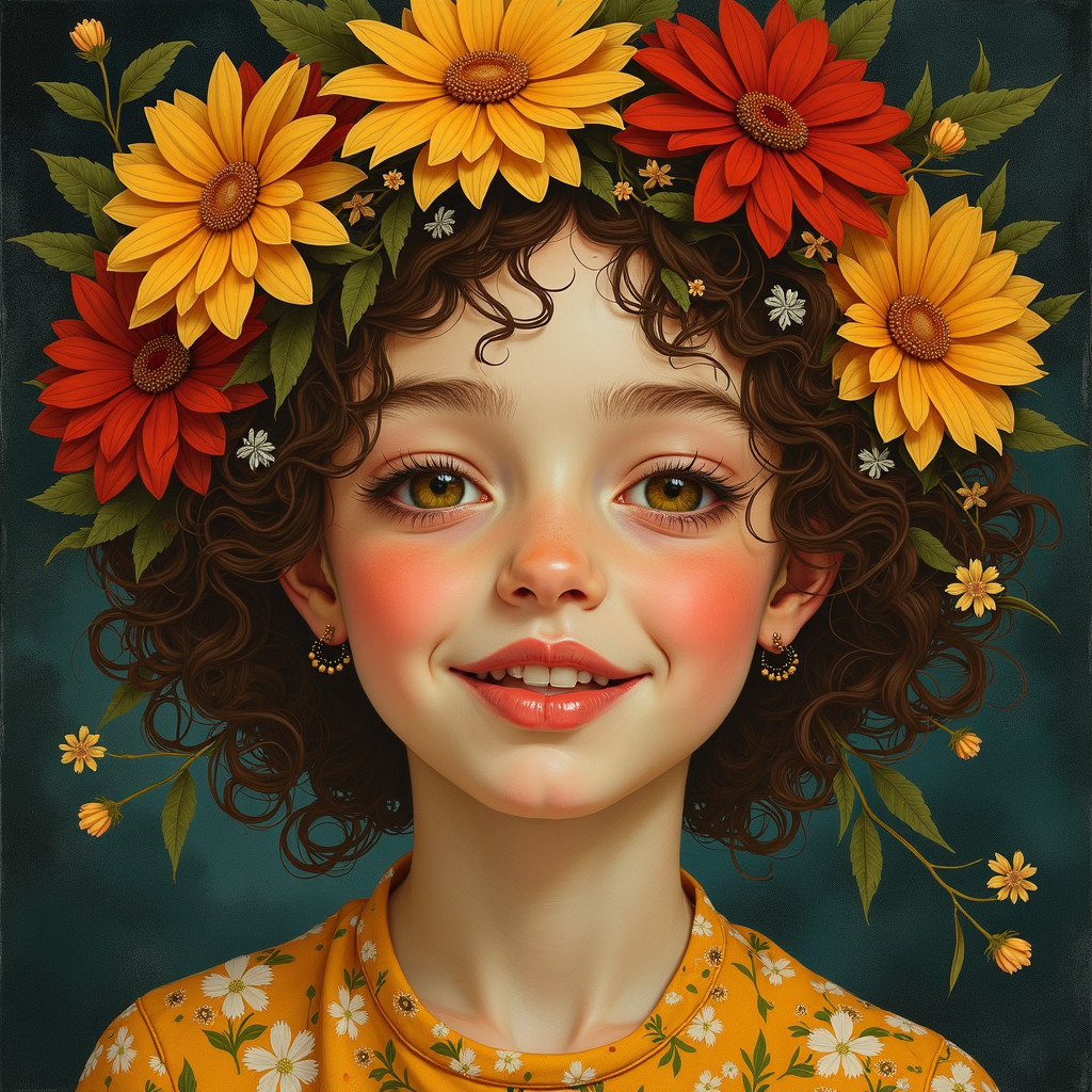 Young girl in floral crown and yellow dress portrait