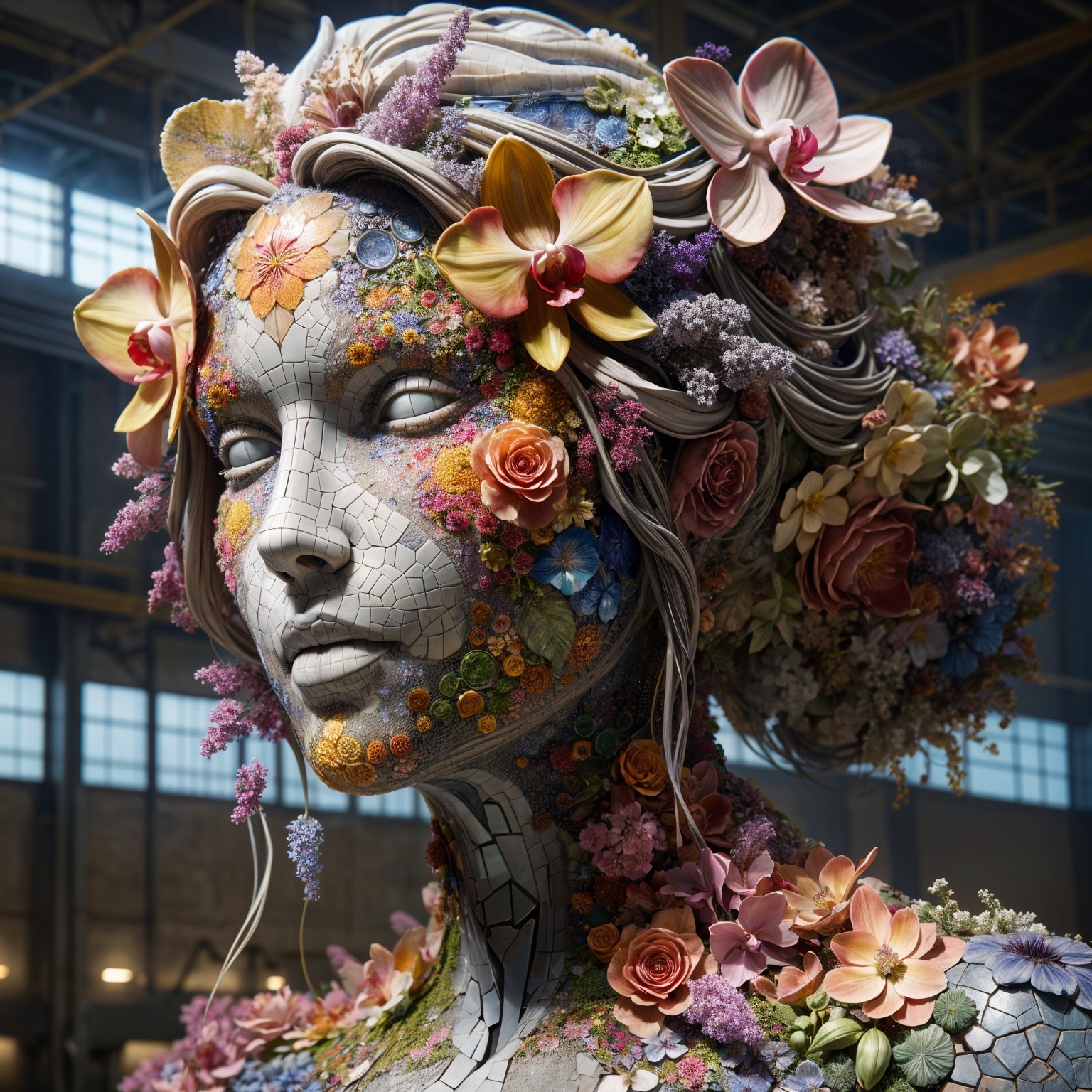 Sculpture of a woman's head adorned with flowers